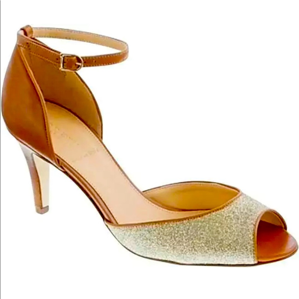 J CREW “Lara” Glitter Peep-toe Tan Pumps
